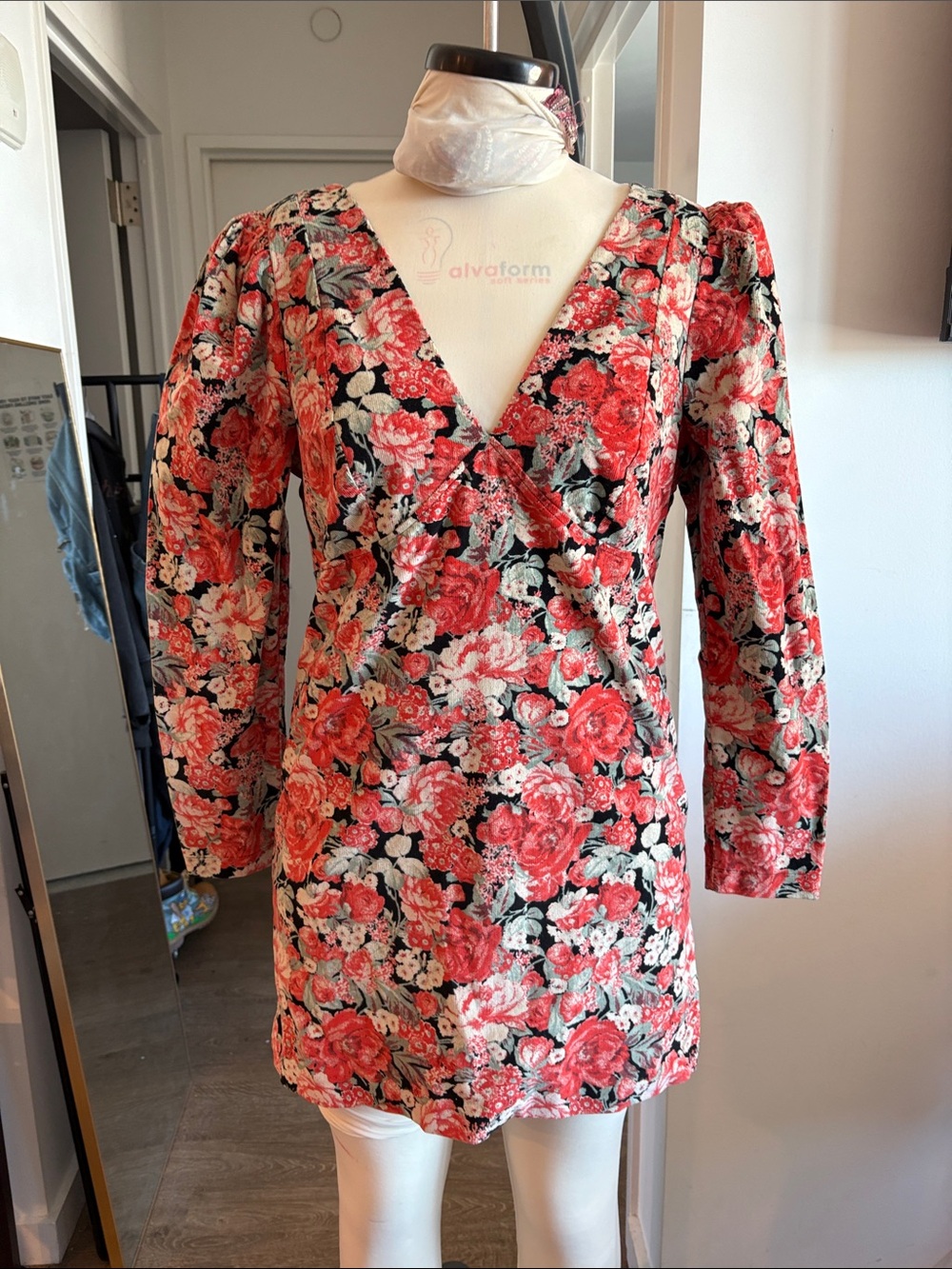 Free People Red Floral Long Sleeve Wrap Mini Dress
